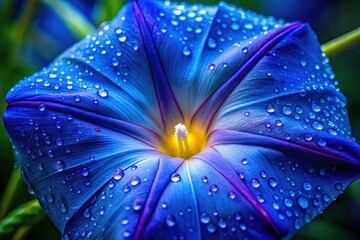 Macro Blue Morning Glory Flower Photography: Ipomoea Indica Closeup, Vivid Colors, Petals, Pollen, Dew Drops, Nature