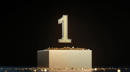 Gold number one on podium with golden confetti. Award ceremony concept. Winner on stage. Success, achievement concept. First place winner celebration. Spotlight on champion. Best of best. Victory