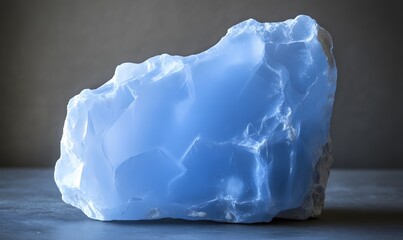 Raw blue chalcedony gemstone on grey surface.