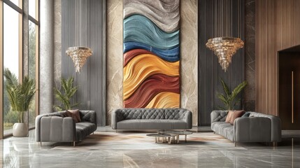 Luxurious lobby with gray sofas, colorful wall art, and marble floor.
