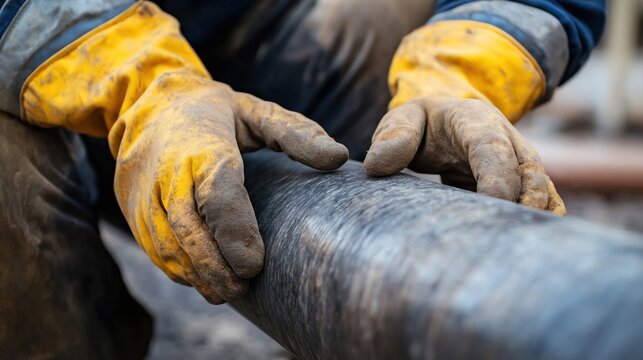 Closeup of hands in yellow gloves examining dark gray pipe. Tech experts inspect pipe relining process. Modern pipeline maintenance in progress. Expert focus on water systems, ensuring eco-friendly