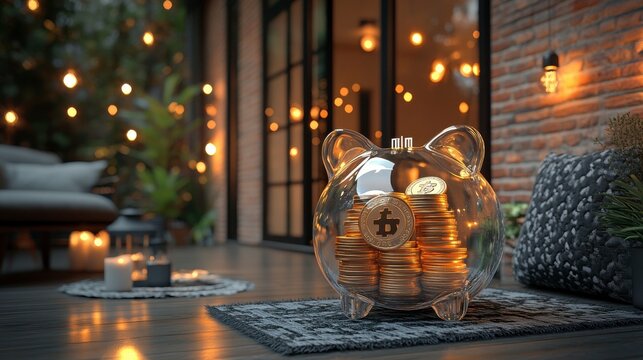 A modern 3D render of a transparent piggy bank with stacked coins inside, symbolizing the accumulation of wealth and financial success over time.
