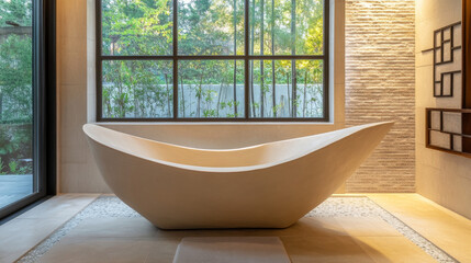 Fototapeta premium Modern Bathroom, Zen Design, Bathtub, Natural Light, Spa