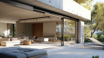 Obraz premium Modern Concrete House with Sliding Glass Doors and Outdoor Lounge