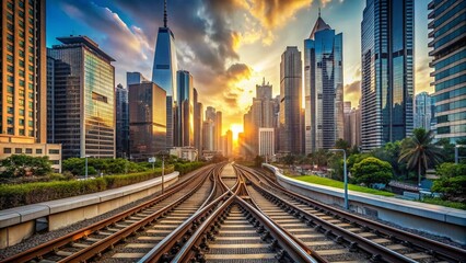 Fototapeta premium Hong Kong Cityscape: Railway Tracks, Switches, and Skyscrapers - High-Resolution Stock Photo