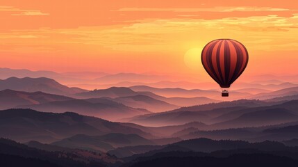 Serene Hot Air Balloon Gliding Over Colorful Mountain Range at Sunset