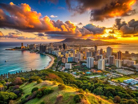 Honolulu Skyline Waikiki Beach Oahu Hawaii Panoramic View Tantalus Mountain Landscape Photography