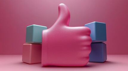 Fototapeta premium A visually striking scene of colorful cubes assembling in space to form a thumbs-up sign, symbolizing positive results, achievement, and ultimate success.