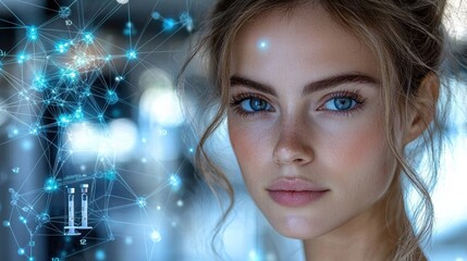 Young Woman with Blue Eyes and Digital Network Overlay Image