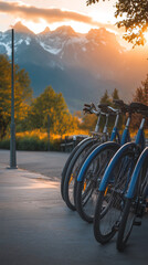 Obraz premium Sunset Mountain Bikes: Shared Cycling Adventure