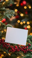 Blank white card nestled among festive Christmas tree branches with red berries and warm golden bokeh lights creating perfect holiday backdrop for personalized message.