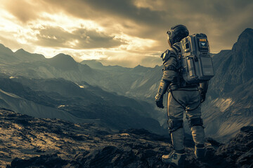 Astronaut Exploring Barren Landscape: 3D Render