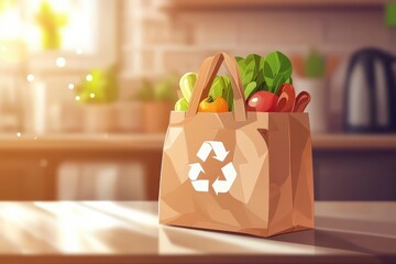 Bright and Colorful Cartoon Style Illustration of a Recyclable Grocery Bag with Fresh Vegetables, Set in a Lively Kitchen Environment with Beautiful Lighting