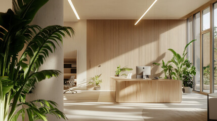 Biophilic Office Design, Modern Workspace, Indoor Plants, Natural Light, Minimalist Desk