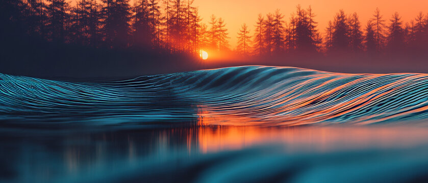 Sunrise Wave Function: Tranquil Forest and Ocean Reflection