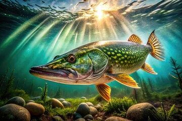 Obraz premium Northern Pike Underwater Long Exposure Photography - Esox Lucius Freshwater Predator Fish