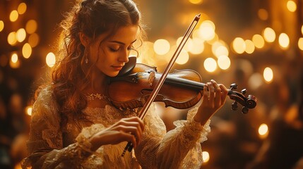 Fototapeta premium A young woman playing the violin amidst a warm, candlelit atmosphere.