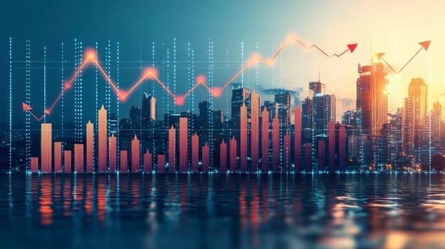 A vibrant cityscape with arrows pointing upward, symbolizing success, growth, and progress in an urban environment, representing the momentum of development and achievement.