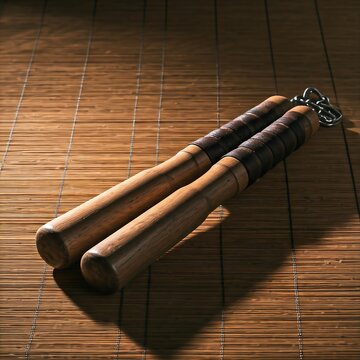  A pair of wooden nunchaku with leather grips placed diagonally on a woven bamboo mat,  nunchaku, bamboo mat, martial arts, vintage combat sports, rustic charm, natural tones, sharp details, sports no