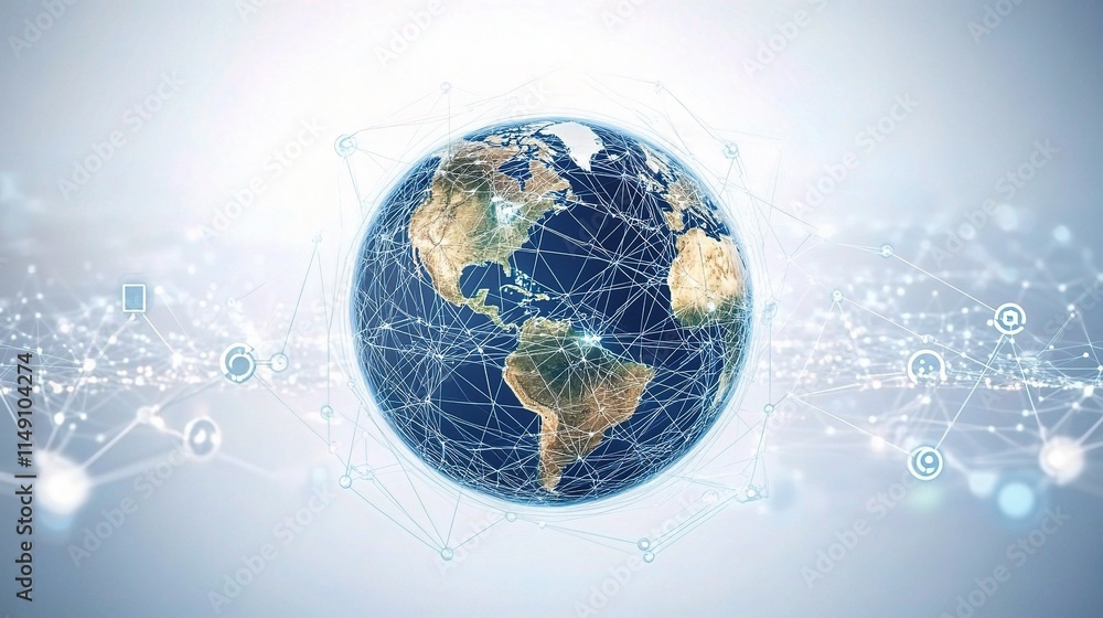 Poster global connection lines surrounding earth globe with data nodes