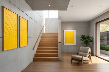 A minimalist home interior with a cozy living room, bold orange artwork on a white wall, soft natural lighting, a glass staircase, a sleek gray sofa, and a warm wooden floor complementing the space