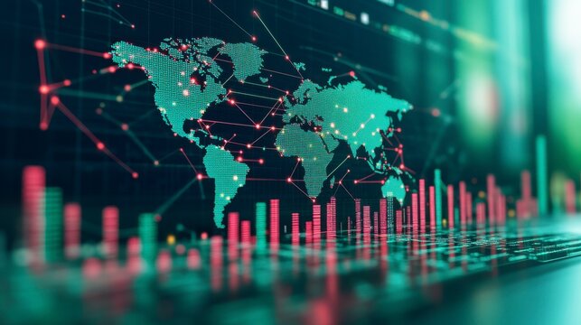 A world map overlaid with digital connections, illustrating the expansion of businesses and their global partnerships, symbolizing success in international commerce.