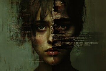 Surreal Digital Art of a Distorted Reflection of a Person Staring at a Screen Displaying Hurtful Messages, Symbolizing Fractured Emotions and Psychological Impact