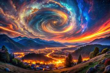 stunning cosmic panorama showcases swirling galaxy above vibrant valley. colorful sky contrasts beautifully with illuminated town below, surrounded by majestic mountains