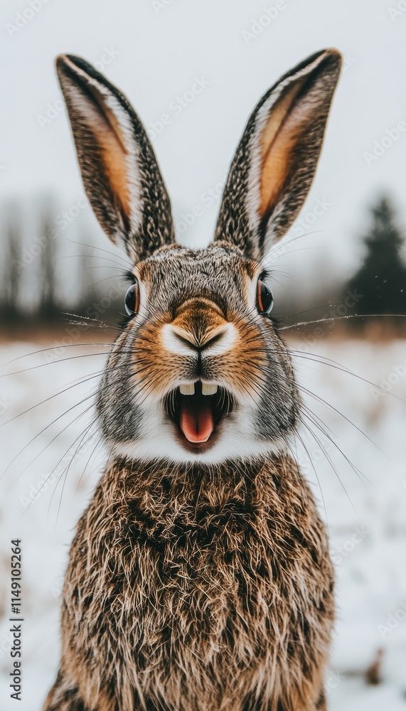 Poster a close-up of a rabbit with a playful expression in a snowy landscape.
