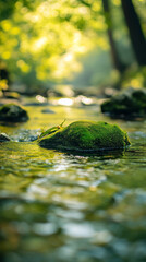 Moss Covered Rock in Tranquil River: Nature Photography