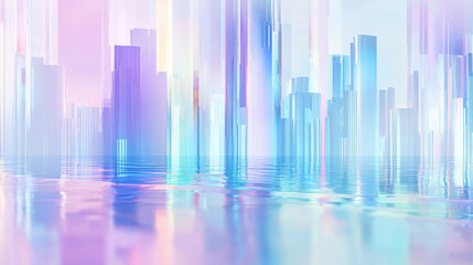 Holographic Cityscape, Neon Reflections, Iridescent Colors, Cool Blue and White Hues, 3D Render