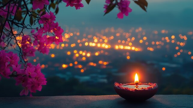 Diwali diya close-up against cityscape of glowing diyas. Pink bougainvillea flowers frame scene. Evening light creates beautiful, calming atmosphere. Festive, peaceful image. Perfect for Diwali