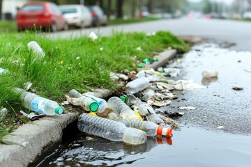 Close-Up View of Bottles and Garbage Clogging a Storm Drain in an Urban Setting with Overcast Lighting on a Quiet Street