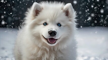 Fototapeta premium Cute adorable dog in a winter landscape: a fluffy little one sits on the snow, surrounded by snowflakes, creating an atmosphere of coziness and tranquility.