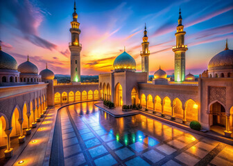 Stunning panoramic view of traditional architecture at sunset, featuring luminous minarets and domes, reflecting in serene water. captivating blend of colors and intricate designs