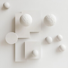 White Geometric Abstract 3D Rendering: Floating Spheres and Cubes