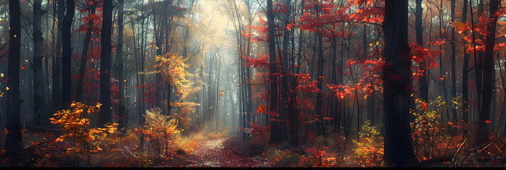 Naklejka premium Serene Autumn Forest Path with Vibrant Foliage and Soft Light Filtering Through the Canopy