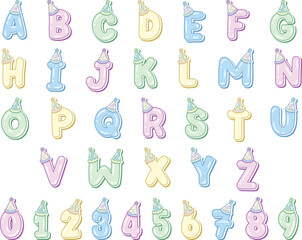Happy Birthday English alphabet letters set with numbers in cute pastel coloring with a party hat