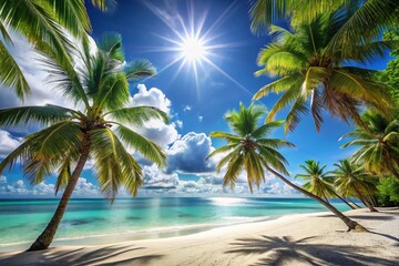 Fototapeta premium Idyllic Tropical Beach Summer Scene: Turquoise Sea, White Sand, Lush Palms