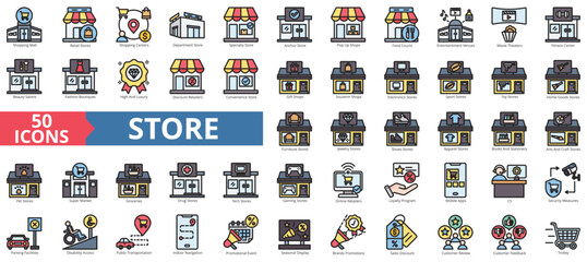 Store icon collection set. Containing retail, shopping centers, department store, trolley, groceries, loyalty program, brands promotions icon. Simple flat outline vector illustration.