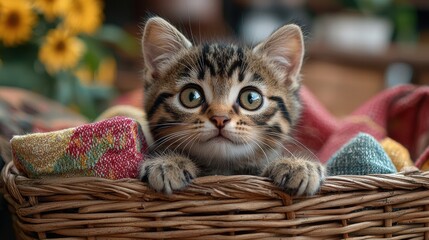 Adorable Tabby Kitten in a Cozy Basket Surrounded by Colorful Fabrics