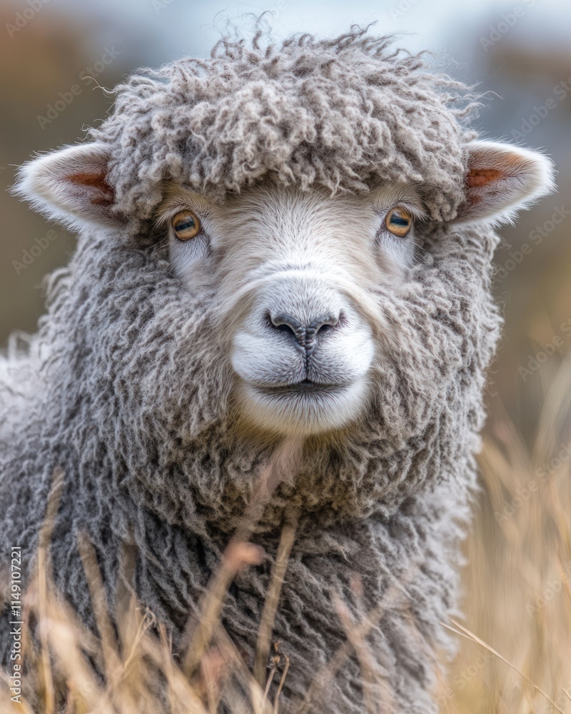 Poster a close-up of a fluffy sheep with a charming expression in a natural setting.
