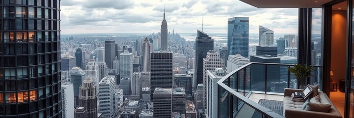 A modern apartment in a high-rise condo building with floor-to-ceiling windows and a spacious balcony overlooking the cityscape, sleek, residential building