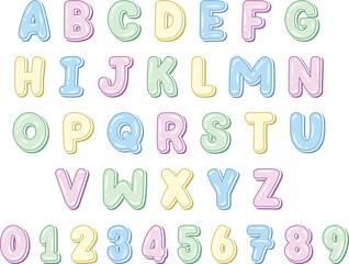 English alphabet letters set with numbers in cute pastel coloring