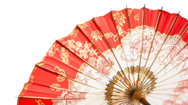 Elegant red umbrella with intricate designs showcasing traditional craftsmanship and beauty