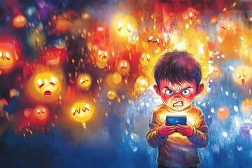 Distressed Child Holding a Phone Surrounded by Harsh Comments and Emojis in a Vibrant Cartoon Style Illustration Highlighting Online Emotions and Reactions