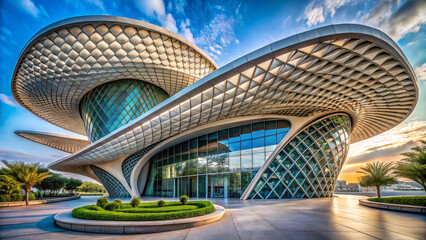 Futuristic architecture featuring bold, unique design with smooth curves and geometric patterns. structure is surrounded by greenery and reflects modern aesthetics
