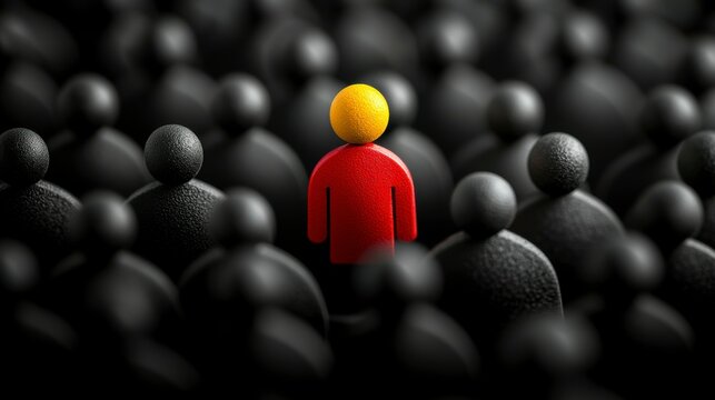 A bold, colorful figure standing apart from a group of monochrome silhouettes, representing how innovation can set a business apart in a competitive market.