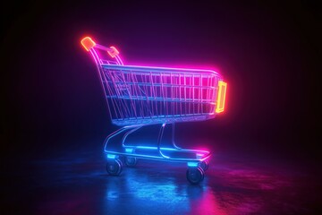 Neon glowing metal shopping cart on dark background. Futuristic online shopping concept. Sale symbol for Black Friday promotion. Modern e-commerce tech. Cyber monday theme. Stylish shopping cart