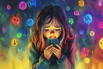 Emotional Illustration of a Child Holding a Phone While Crying Surrounded by Colorful Emojis Representing Harsh Comments in a Cartoon Style